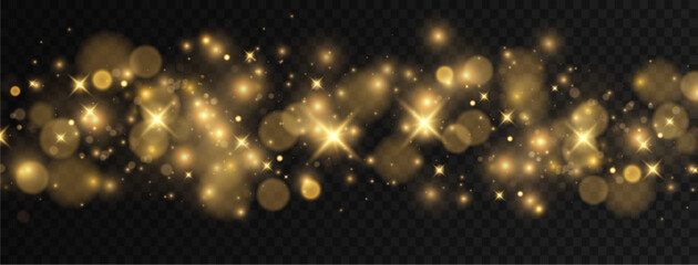 Christmas dust glowing bokeh confetti light and glitter texture overlay for your design. Festive sparkling gold dust png. Holiday powder dust for cards, invitations, banners.