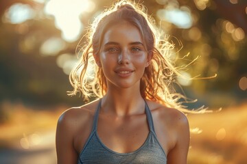 Chica joven con ropa deportiva en el parque haciendo ejercicio con el pelo despeinado. 