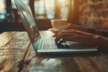 A cozy workspace scene with hands typing on a laptop, surrounded by warm light and a cup of coffee on a rustic table.