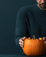 Frustrated Person Contemplating a Broken Pumpkin in Minimalist Setting with Dark Shadows, Copy Space Available