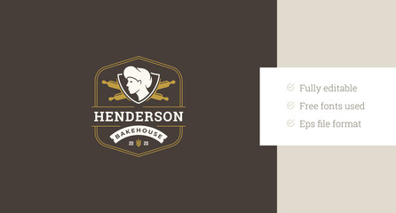 Bakery bakehouse retro logo design template with cookery man portrait vector flat illustration. Brake pastry food shop store cafe classic insignia shield label advertising badge