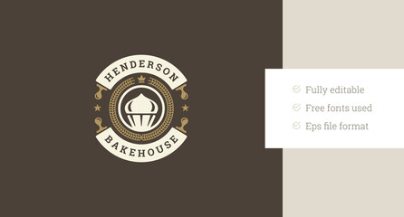 Bakehouse circle retro logo design template for bakery store vector flat illustration. Baker shop cafe old style logotype with fresh cooking cake cupcake baked pastry for cafeteria