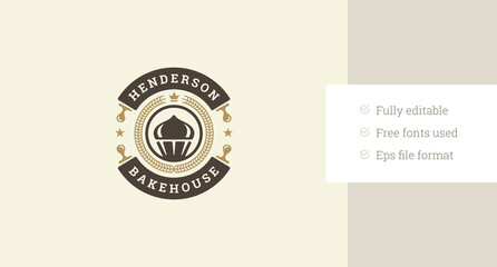 Bakery fresh pastry bread cooking shop retro logo design template with old style element vector flat illustration. Bakehouse cake cupcake delicious bake food vintage circle logotype brand emblem