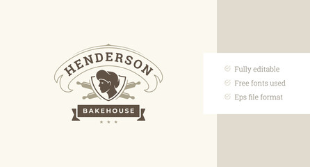Bakehouse retro logo design template with rolling pin and ribbon vector flat illustration. Bakery cafe shop classic logotype for pastry food cafeteria store brand insignia label advertising