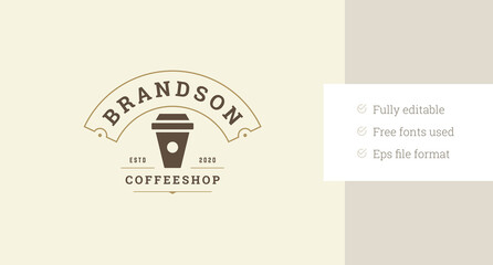 Coffee paper cup take away cafeteria retro logo design template vector flat illustration. Coffeeshop hot morning breakfast caffeine aroma beverage creative minimalist logotype with decor element