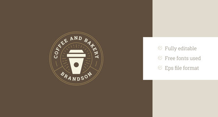 Coffeeshop take away bright coffee paper cup circle retro logo design template vector flat illustration. Traditional morning caffeine hot beverage cafe cafeteria shop store minimalist logotype