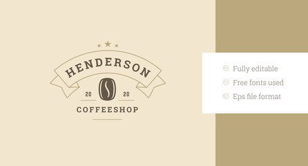 Coffee shop natural bean with golden ribbon retro logo design template vector flat illustration. Traditional morning hot caffeine aroma beverage creative minimal old style logotype for cafe