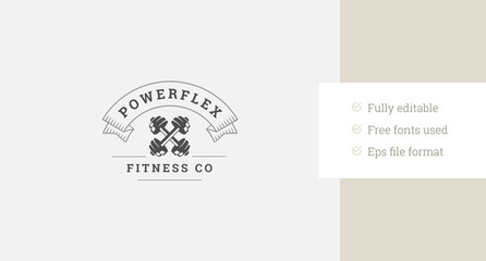 Fitness gym bodybuilding center crossed dumbbells retro logo design template vector flat illustration. Sport athletic training workout physical exercise healthy lifestyle minimalist logotype