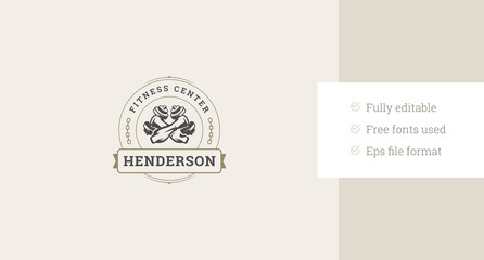 Obraz premium Strong athlete hands with dumbbells circle retro logo design template for gym vector flat illustration. Bodybuilding fitness sport weight training muscular physical exercise club minimalist logotype