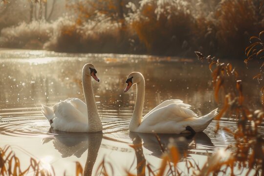Dos cisnes juntos en el lago durante el oto&ntilde;o.
