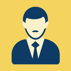 A man wearing a blue suit and tie is shown on a yellow background