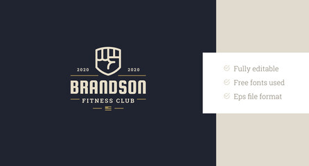 Athletic fist creative luxury retro logo design template for fitness center vector flat illustration. Gym club sport strong arm physical exercise training muscular workout decorative logotype