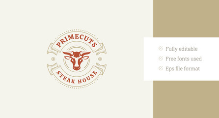 Bull head with circle ribbon retro logo design template for meat shop restaurant vector flat illustration. Butchery grilled fresh beef pork chicken menu cooking eatery brand minimalist logotype
