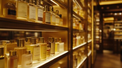 Naklejka premium A beautifully arranged display of various perfume bottles in a luxurious setting.