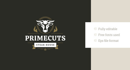 Fototapeta premium Bull head with fire flame retro logo design template for grill menu butchery vector flat illustration. Butcher shop premium fresh roasted meat restaurant minimalist logotype with ribbon