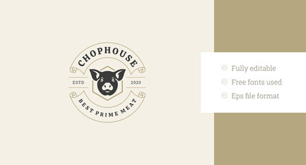 Obraz premium Meat shop butchery pig head luxury circle retro logo design template vector flat illustration. Butcher store fresh grill barbecue pork beef chicken steak restaurant menu logotype with golden ribbon