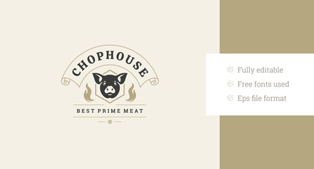 Fototapeta premium Natural fresh grill meat restaurant butchery shop luxury retro logo design template vector flat illustration. Pig head with golden ribbon and fire flame decor element logotype for barbecue store
