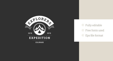 Mountain expedition travel discovery exploration retro logo design template vector flat illustration. Extreme sport mountaineering explore hiking climbing tourism minimalist logotype with ribbon
