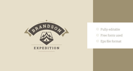 Fototapeta premium Mountaineering alpinism extreme travel expedition luxury old style logo design template vector flat illustration. Mountain climbing hiking camping tourism adventure retro minimalist logotype