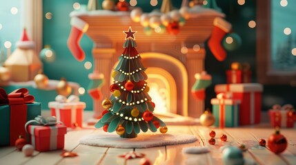 A festive Christmas scene featuring a beautifully decorated tree, warm fireplace, and colorful gifts, perfect for holiday cheer.