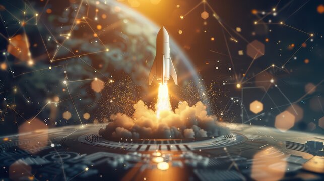 A dynamic rocket launch against a cosmic backdrop, symbolizing exploration and innovation in space technology.