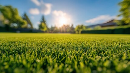 Obraz premium Smooth green grass: lawn against the background of a large blue sky on a sunny day. Wide view of the manicured lawn. The natural background of yellow-green grass in the rays of the setting sun.