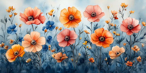 watercolor illustration depicting colorful flowers painting on canvas