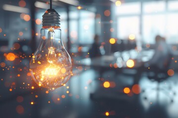A glowing light bulb casts a warm ambiance in a modern office, creating a cozy atmosphere with sparkling bokeh effects.