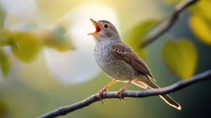 A Small Bird Singing in a Sunny Forest