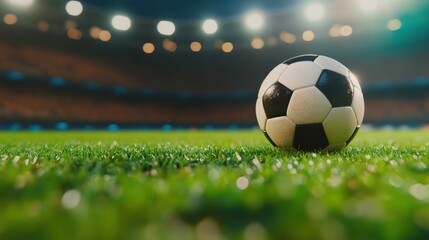 Fototapeta premium A close-up of a soccer ball on a grassy field in a stadium setting.
