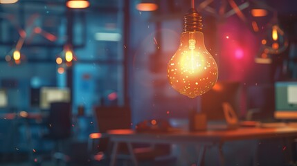 A glowing light bulb illuminates a modern workspace, creating a warm and inviting atmosphere in an office setting.