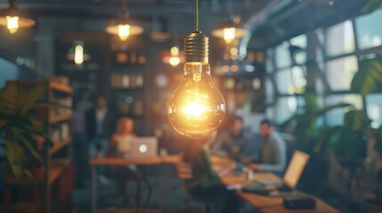 A glowing light bulb illuminates a modern workspace filled with plants and people working collaboratively.