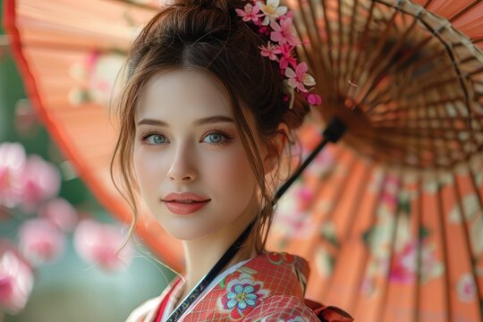 Mujer vestida con kimono y paragua que la protege del sol. Mujer oriental. Recurso gr&aacute;fico, fondo.