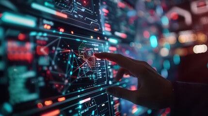 Fototapeta premium A hand interacts with a digital display, showcasing futuristic data visualization and advanced technology interfaces.