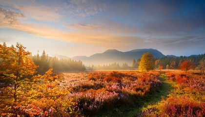 Fototapeta premium Countryside landscape with bright flowers in the fall. Autumn season. Blooming plants.