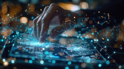 A hand interacts with a digital tablet, showcasing futuristic technology and data visualization in a dynamic environment.