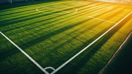 Obraz premium Aerial view of a soccer field with long shadows at sunset.