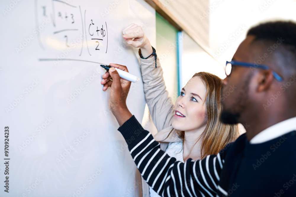 Poster education, whiteboard and teacher with student writing for math lesson, learning and examination. un