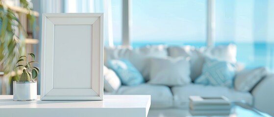 A minimalist interior showcasing a blank photo frame on a white table with a cozy sofa and beach view in the background.