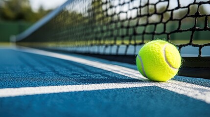 A close-up of a tennis ball near the net on a blue court.
