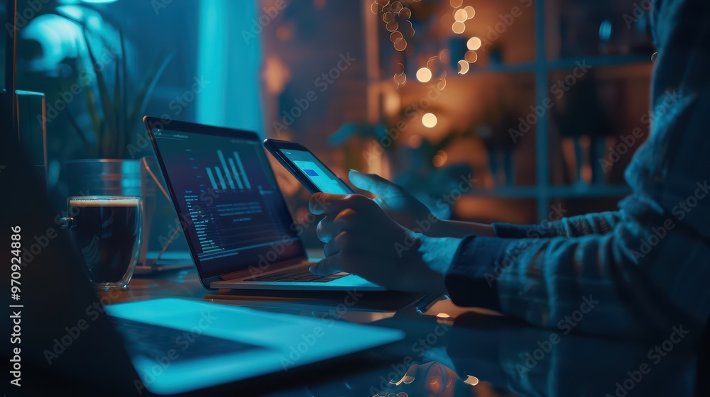 Aufkleber a person analyzing data on a laptop and smartphone while working in a cozy, illuminated workspace du