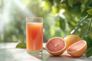 Fototapeta premium A full glass of fresh grapefruit juice stands on a table in the garden on a light background. Whole grapefruits and halves lie nearby.