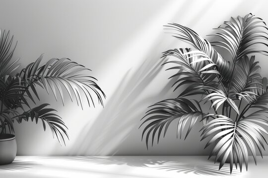 Plantas en maceteros en blanco y negro. Decoraci&oacute;n y interior de vivienda. Recurso gr&aacute;fico, fondo. 