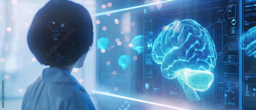 Aufkleber a scientist analyzes a holographic brain display, exploring advanced neuroscience technology in a fu