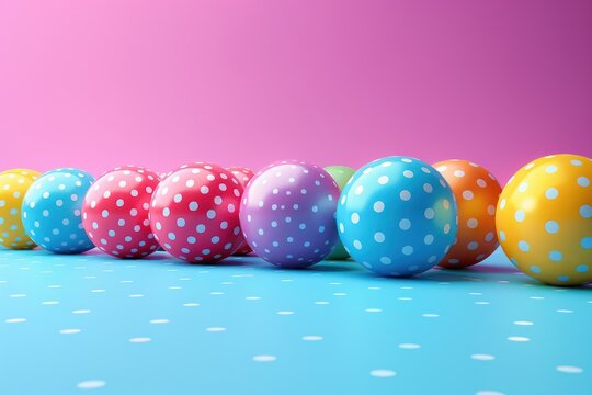 Bolas de colores con puntitos blancos sobre un fondo rosa y azul. Textura suave y brillante. Recurso gr&aacute;fico, fondo liso.