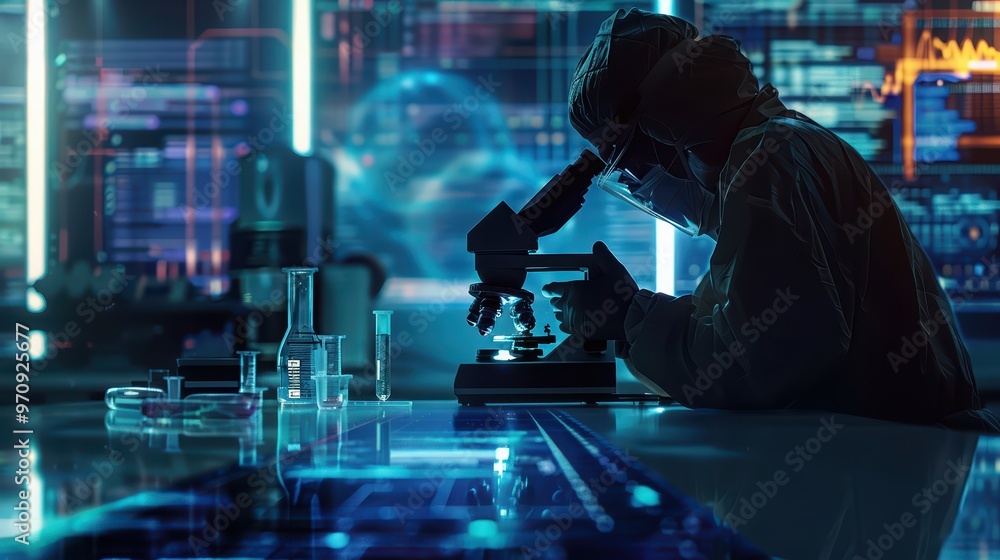 Poster a scientist examines samples through a microscope in a modern lab environment, showcasing technology