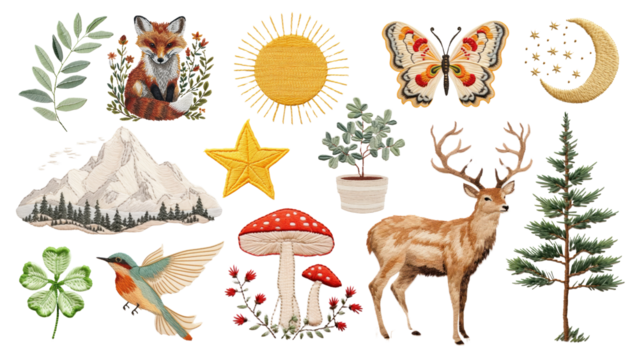PNG embroidery nature set, transparent background