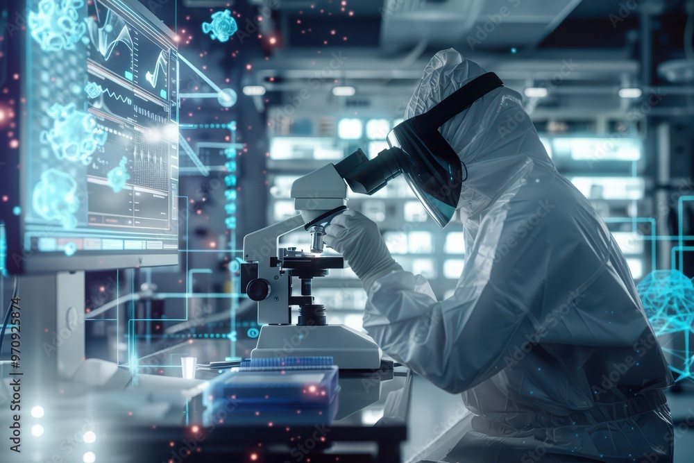 Poster a scientist examines samples under a microscope in a high-tech laboratory, focusing on innovative re