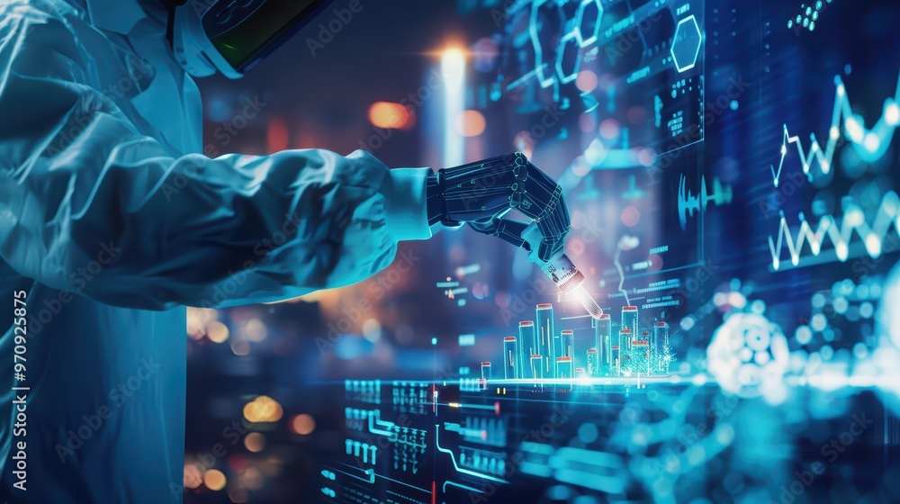 Poster a scientist in a futuristic lab analyzing data with advanced technology, highlighting innovation and