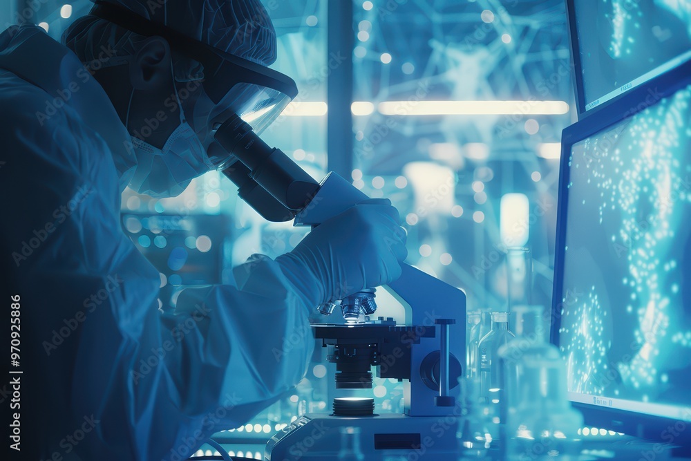 Poster a scientist examining samples under a microscope in a high-tech laboratory illuminated by blue light